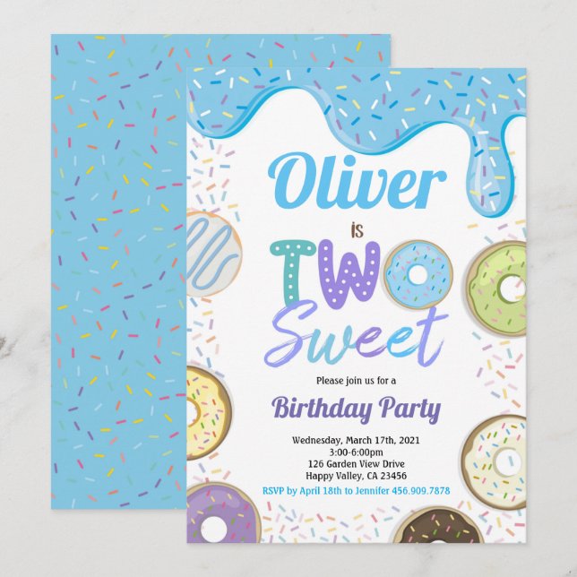 Donut Boy Two Sweet 2nd Birthday Party Blue Invitation (Front/Back)