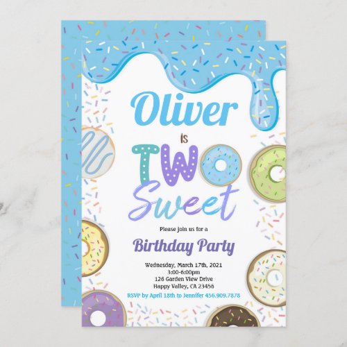 Donut Boy Two Sweet 2nd Birthday Party Blue Invitation