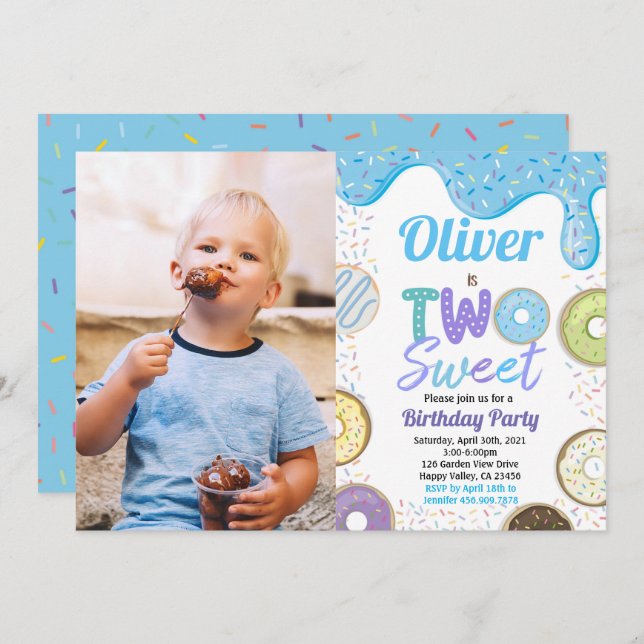 Donut Boy Two Sweet 2nd Birthday Party Blue Photo Invitation (Front/Back)