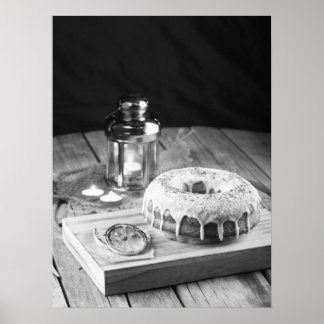 Donut Cake with Icing Glaze on Rustic Wooden Table Poster