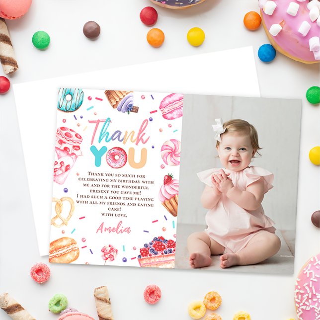 Donut Candy Girl Birthday Photo Thank You Card (Creator Uploaded)