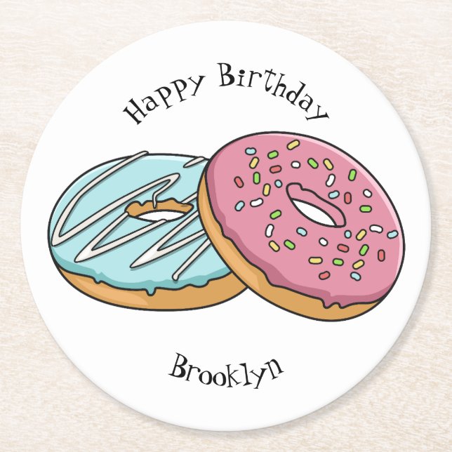 Donut cartoon illustration round paper coaster (Front)