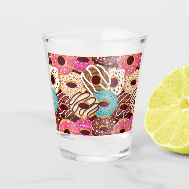 Donut, chocolate donut & chocolate to snack on shot glass (Front)