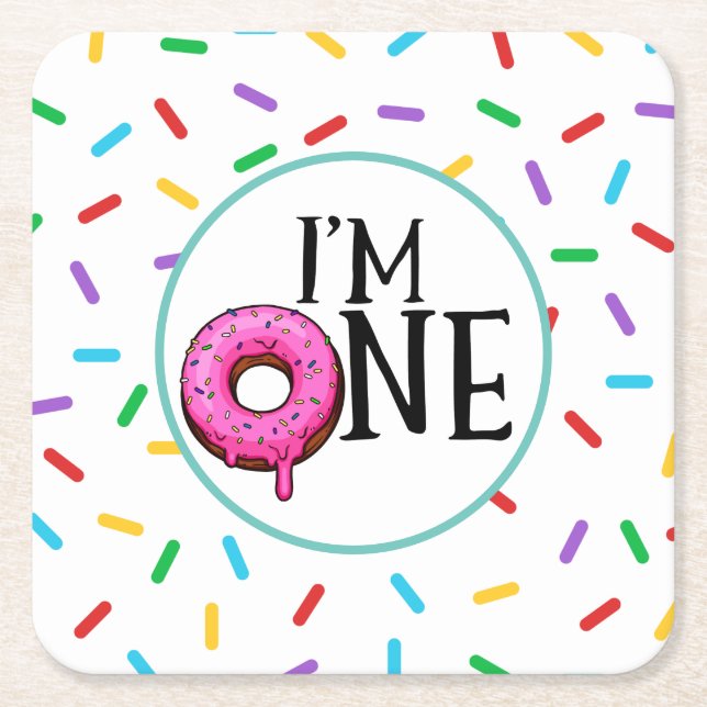 Donut Colorful I'm One 1st Birthday  Square Paper Coaster (Front)