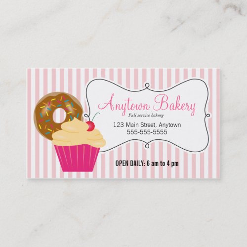Donut Cupcake  Pink Stripes Bakery Business Card
