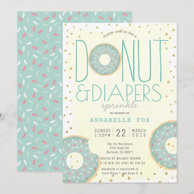 Donut & Diapers Sprinkle Green Gold Baby Shower Invitation (Front/Back)