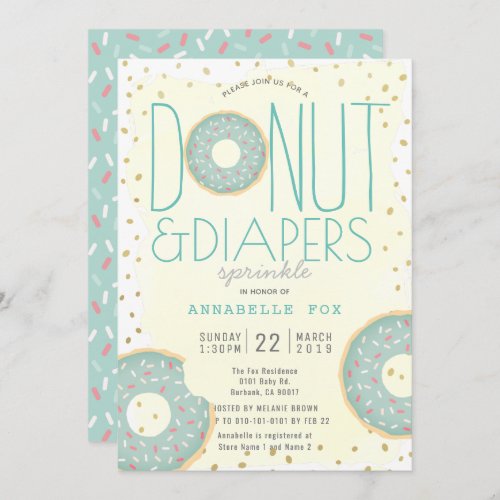 Donut  Diapers Sprinkle Green Gold Baby Shower Invitation