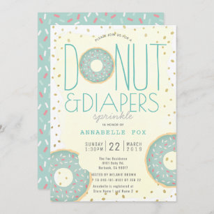 Donut & Diapers Sprinkle Green Gold Baby Shower Invitation