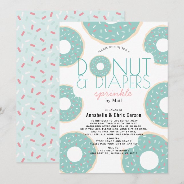Donut & Diapers Sprinkle Mint Baby Shower by Mail Invitation (Front/Back)