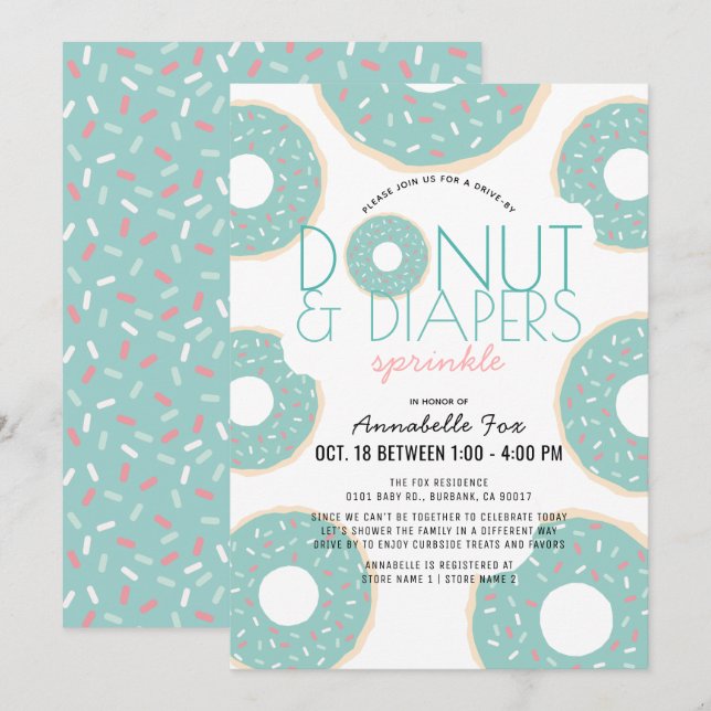 Donut & Diapers Sprinkle Mint Drive-by Baby Shower Invitation (Front/Back)