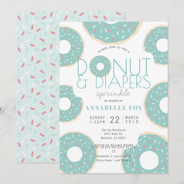 Donut & Diapers Sprinkle Mint Green Baby Shower Invitation (Front/Back)