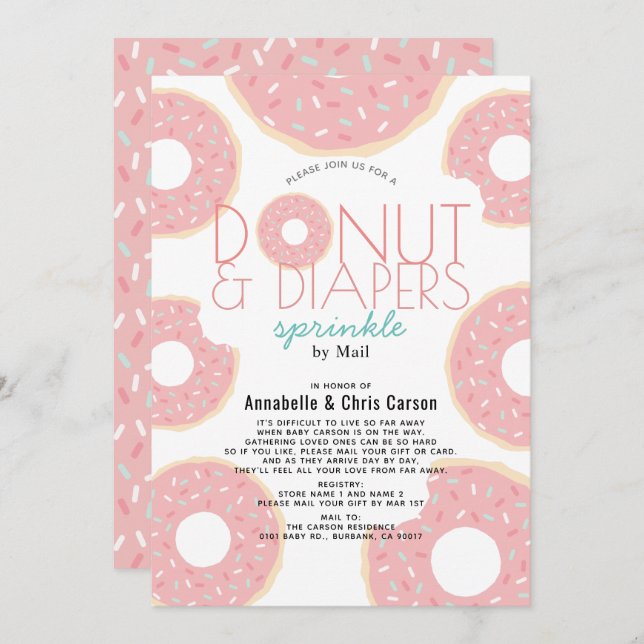 Donut & Diapers Sprinkle Pink Baby Shower by Mail Invitation (Front/Back)