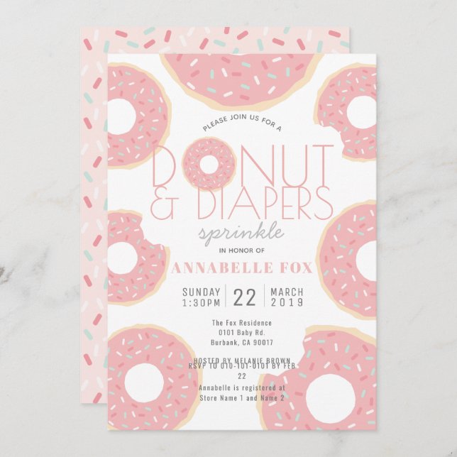 Donut & Diapers Sprinkle Pink Baby Shower Invitation (Front/Back)