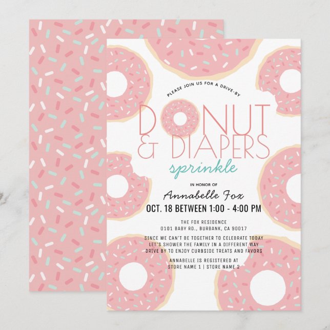 Donut & Diapers Sprinkle Pink Drive-by Baby Shower Invitation (Front/Back)