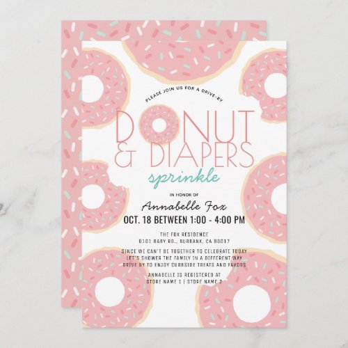 Donut  Diapers Sprinkle Pink Drive_by Baby Shower Invitation
