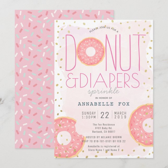 Donut & Diapers Sprinkle Pink Gold Baby Shower Invitation (Front/Back)