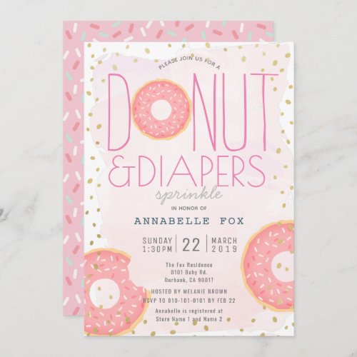 Donut  Diapers Sprinkle Pink Gold Baby Shower Invitation