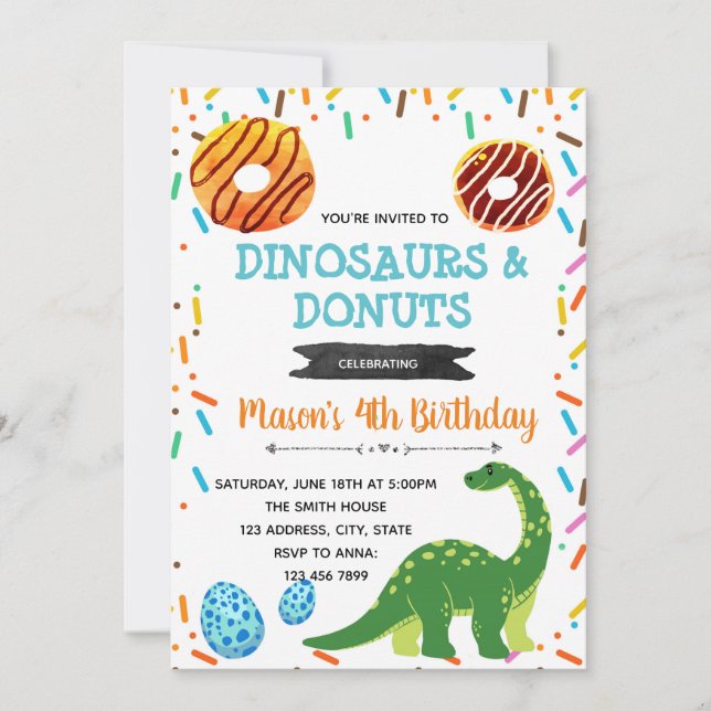 Donut dinosaur party invitation (Front)