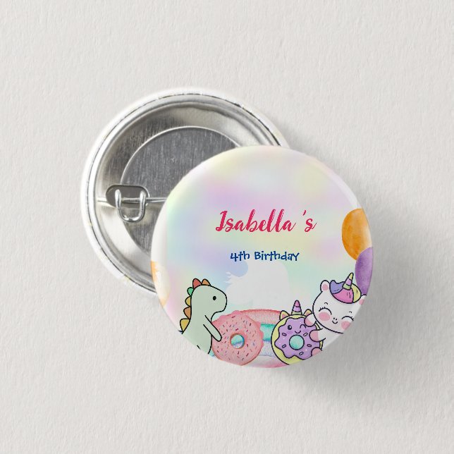 Donut Dinosaur Unicorn rainbow Balloon birthdday Button (Front & Back)