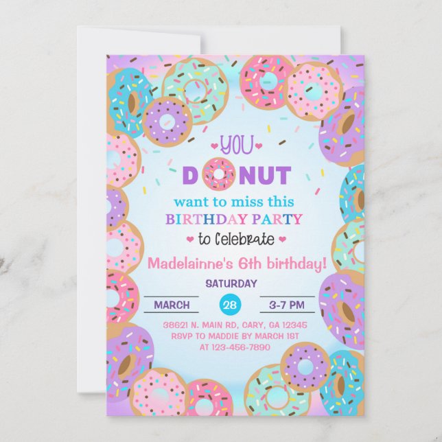 Donut, donuts, girl 6th birthday invitation. invitation (Front)