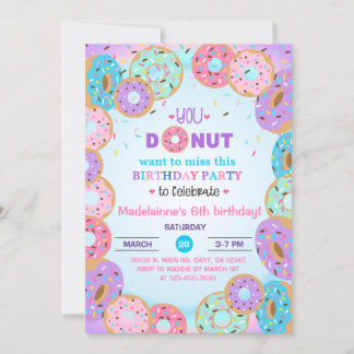 Donut, donuts, girl 6th birthday invitation. invitation