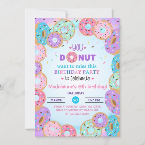 Donut donuts girl 6th birthday invitation invitation