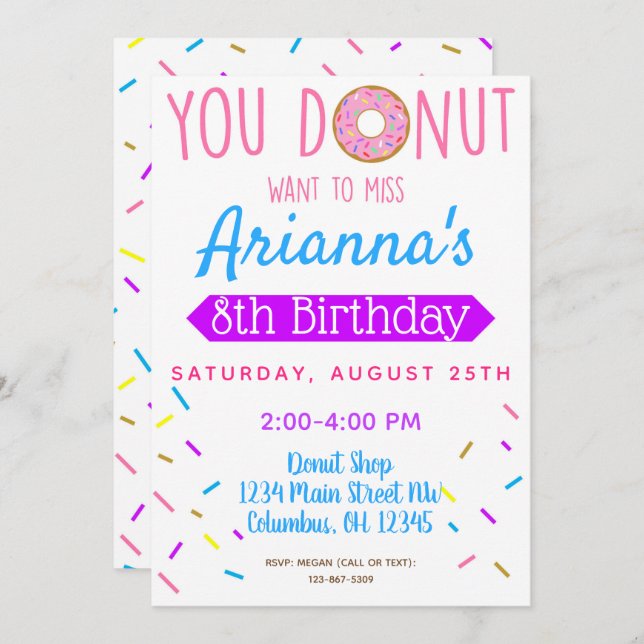 Donut, Doughnut Kids Birthday Party Invite (Front/Back)