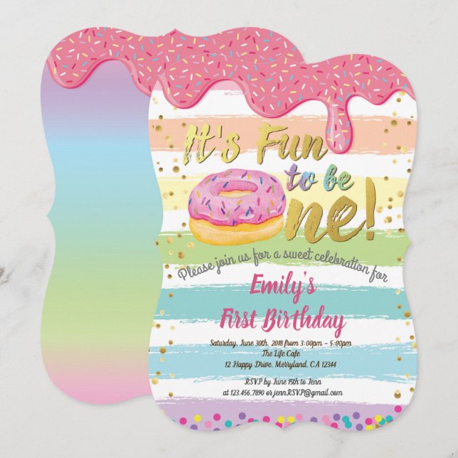 Donut first 1st birthday party pastel rainbow invitation (Front/Back)