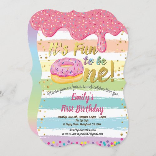 Donut first 1st birthday party pastel rainbow invitation