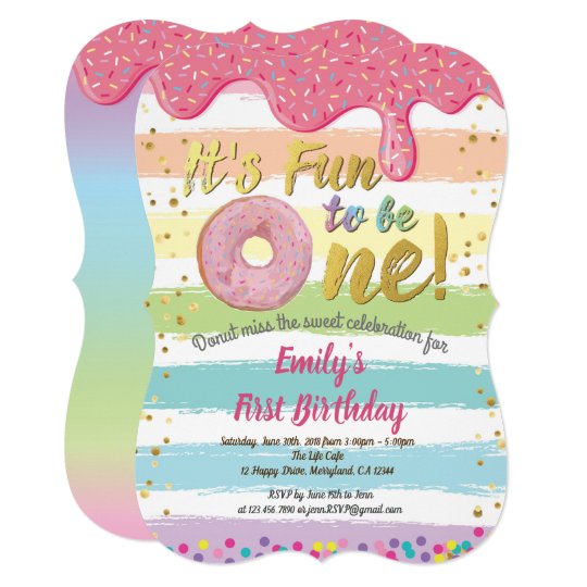 Donut first 1st birthday party pastel rainbow invitation | Zazzle.com
