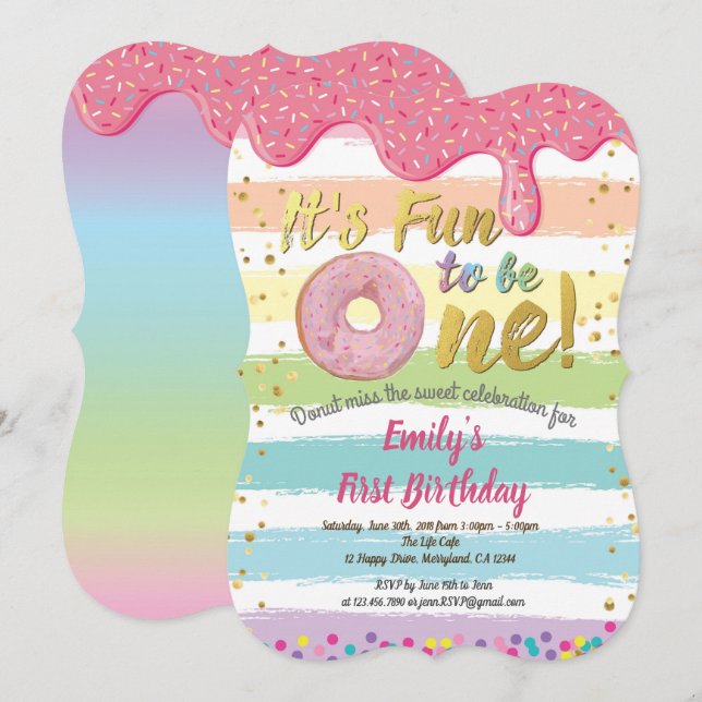 Donut first 1st birthday party pastel rainbow invitation (Front/Back)