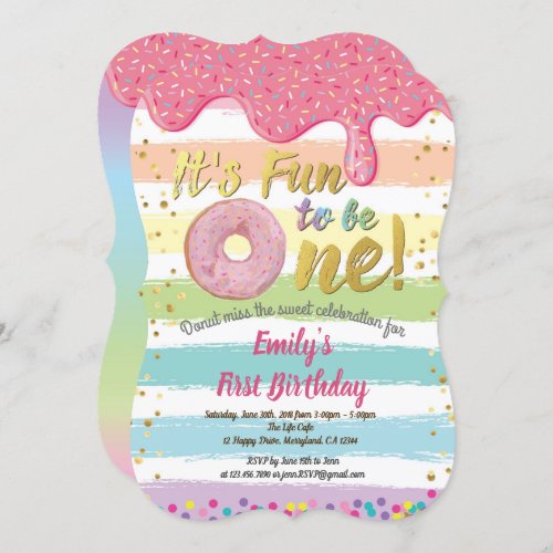 Donut first 1st birthday party pastel rainbow invitation