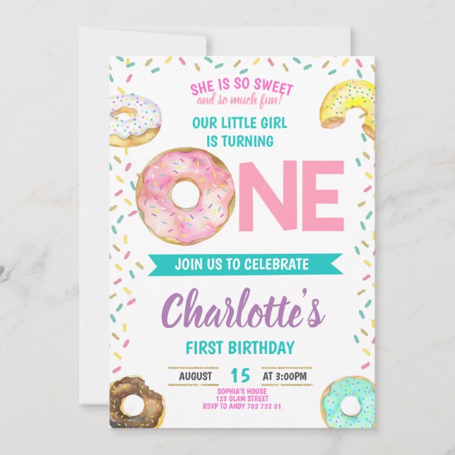 Donut First Birthday Girl Sweet Fun Cute Invitation (Front)