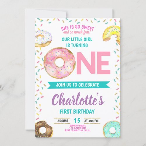 Donut First Birthday Girl Sweet Fun Cute Invitation