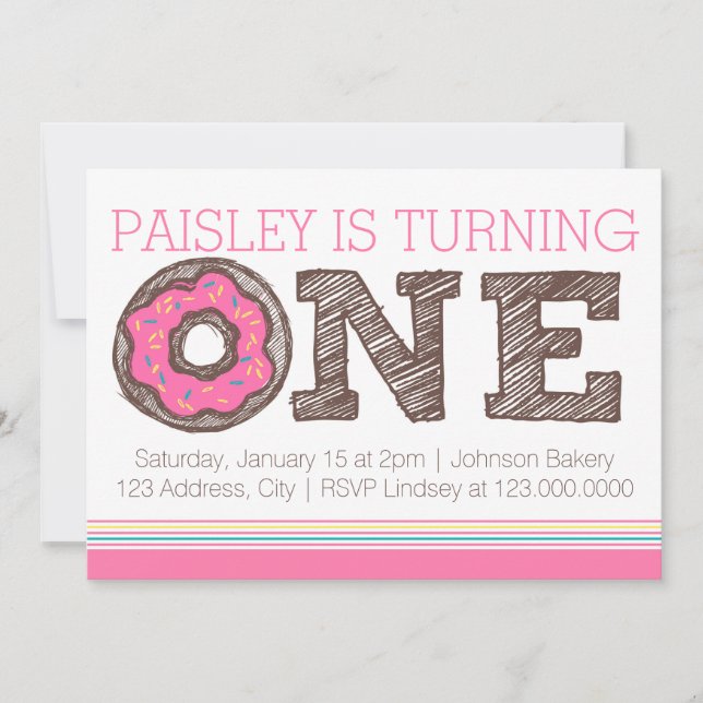 Donut First Birthday Invitation - Pink (Front)