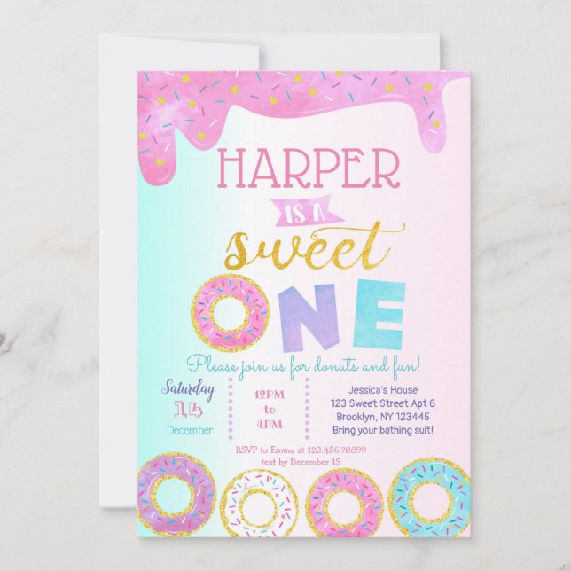 Donut First Birthday Party Invitations Sweet One (Front)