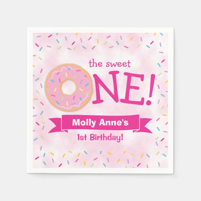 Donut First Birthday Rainbow Sprinkles Girl Pink Napkins (Front)