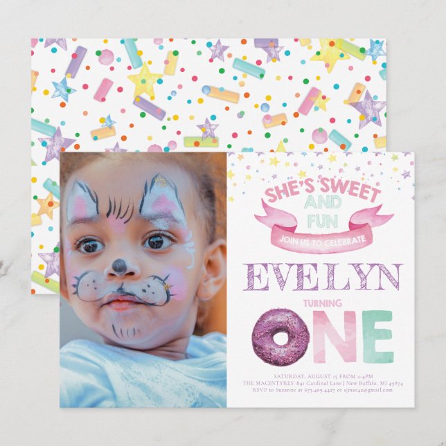 Donut First Birthday Watercolor Photo Invitation (Front/Back)