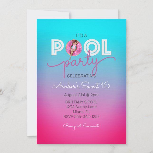 Donut Float Summer Pool Sweet 16 Birthday Party Invitation (Front)