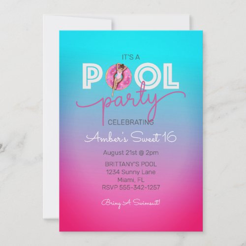 Donut Float Summer Pool Sweet 16 Birthday Party Invitation