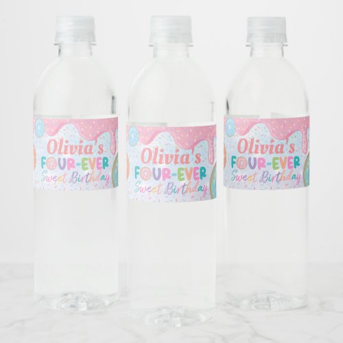 Donut Forever Sweet 4th Birthday Party Favor Water Bottle Label