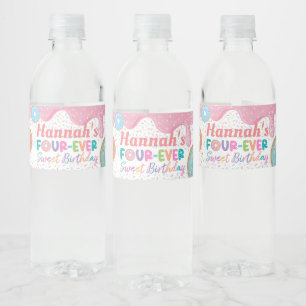 Donut Forever Sweet 4th Birthday Party Favor Water Bottle Label