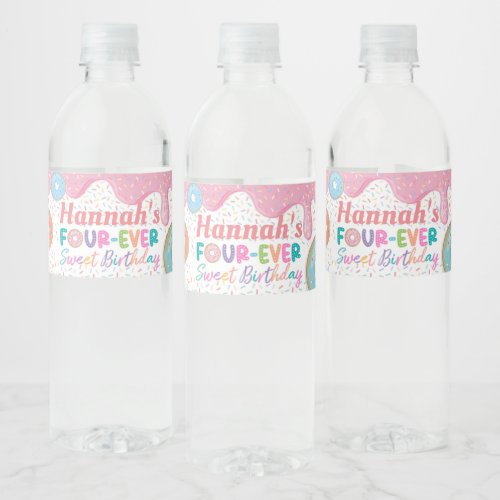 Donut Forever Sweet 4th Birthday Party Favor Water Water Bottle Label