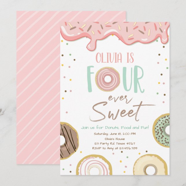 Donut Four Ever Sweet Girl 4th Fourth Birthday Invitation (Front/Back)