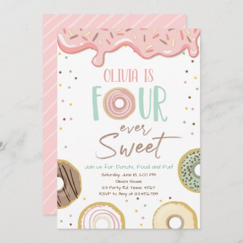 Donut Four Ever Sweet Girl 4th Fourth Birthday Invitation