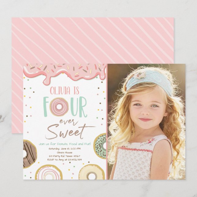 Donut Four Ever Sweet Girl 4th Fourth Birthday Invitation (Front/Back)