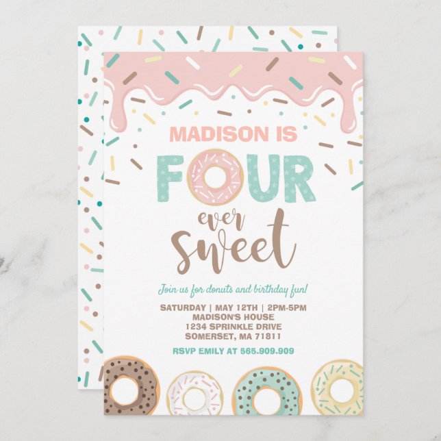 Donut Four Ever Sweet Invite Donut 4th Birthday (Front/Back)
