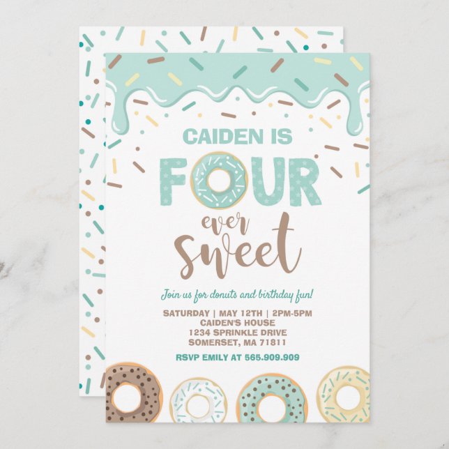 Donut Four Ever Sweet Invite Donut 4th Birthday (Front/Back)