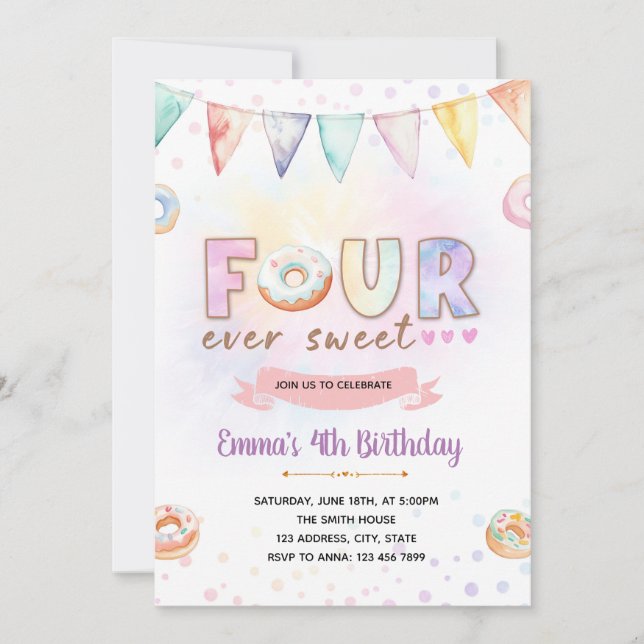Donut FOURever sweet birthday invitation (Front)