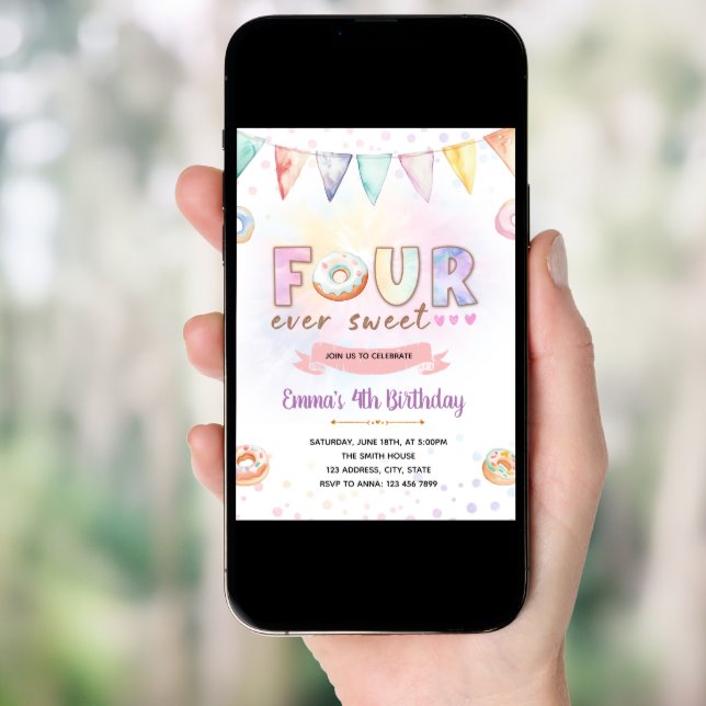 Donut FOURever sweet birthday invitation (Front Digital)